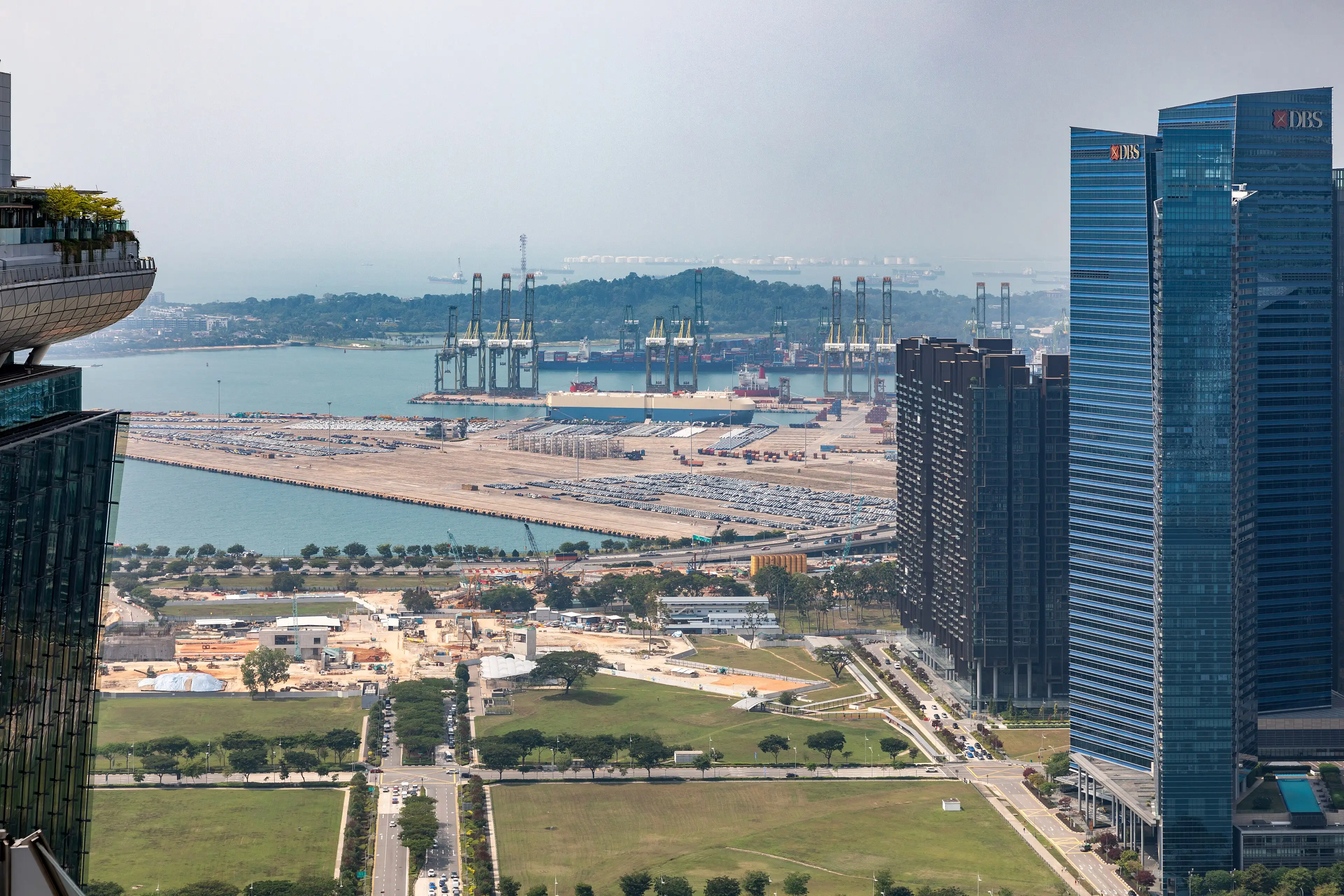 The Tanjong Pagar container terminal seen from above, between office towers.